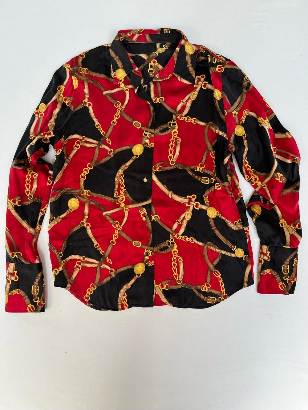 Ralph Lauren Woman Silk Long Sleeve Shirt Equestrian Print Blouse French Cuff